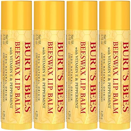 Burt's Bees Lip Balm, Moisturizing Lip Care, for All Day Hydration, 100% Natural, Original Beeswax with Vitamin E & Peppermint Oil (4 Pack)