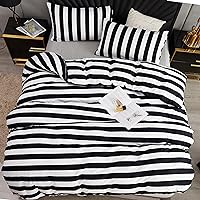 LAMEJOR Striped Duvet Cover Set Queen Size Luxury Soft Bedding Set Comforter Cover White/Black(1 Duvet Cover+2 Pillowcases)