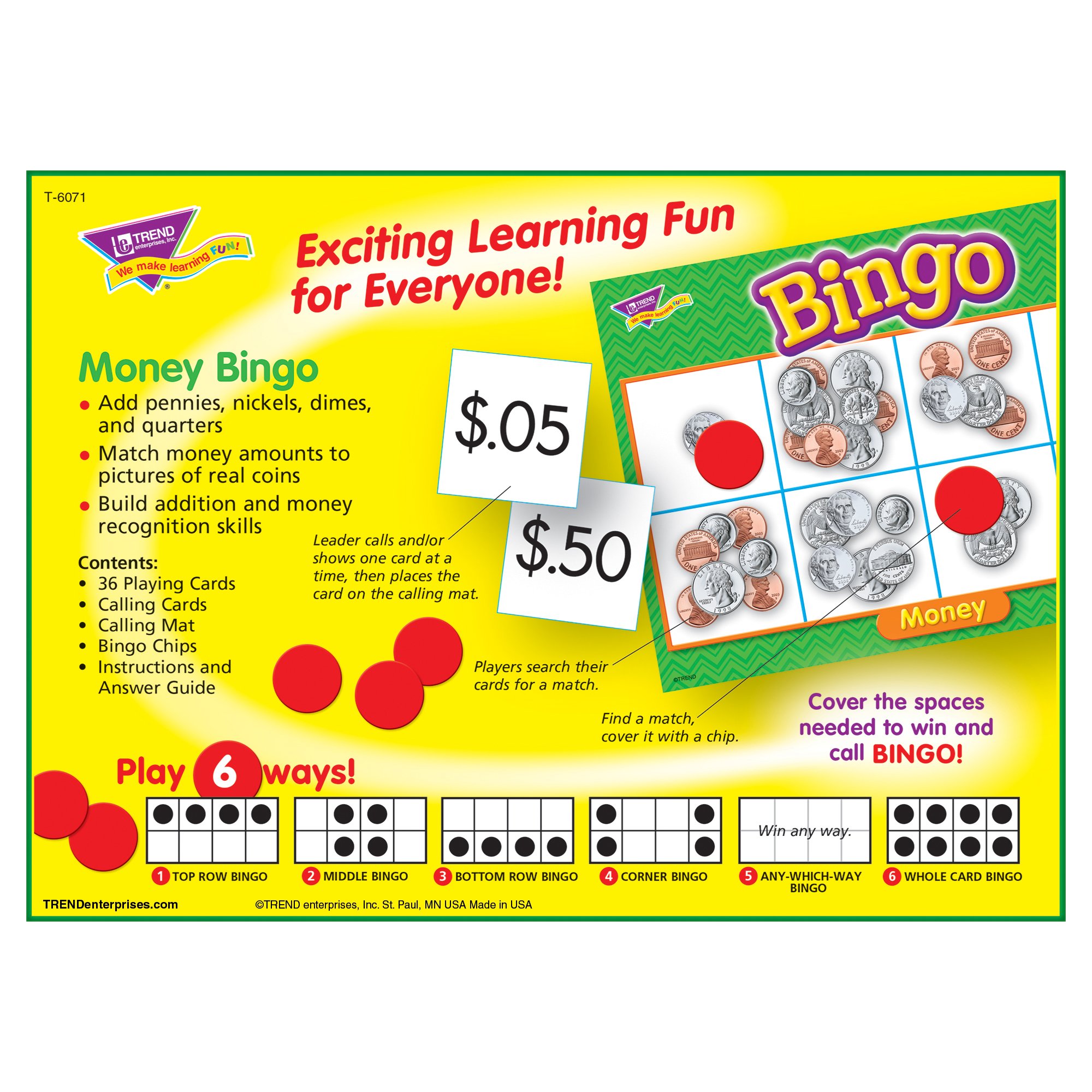 Trend Enterprises: Money Bingo Game, Exciting Way for Everyone to Learn, Play 6 Different Ways, Great for Classrooms and at Home, 2 to 36 Players, for Ages 5 and Up