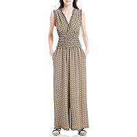 Max Studio Womens Fall 2023 Casual Ruffled V-neck Smocked Waist Chic Printed Everyday Wide Leg Jumpsuit
