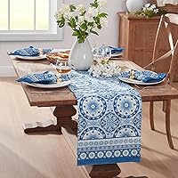Elrene Home Fashions Vietri Medallion Blue Coastal Block Print Stain & Water Resistant Indoor/Outdoor Table or Console Runner, 13