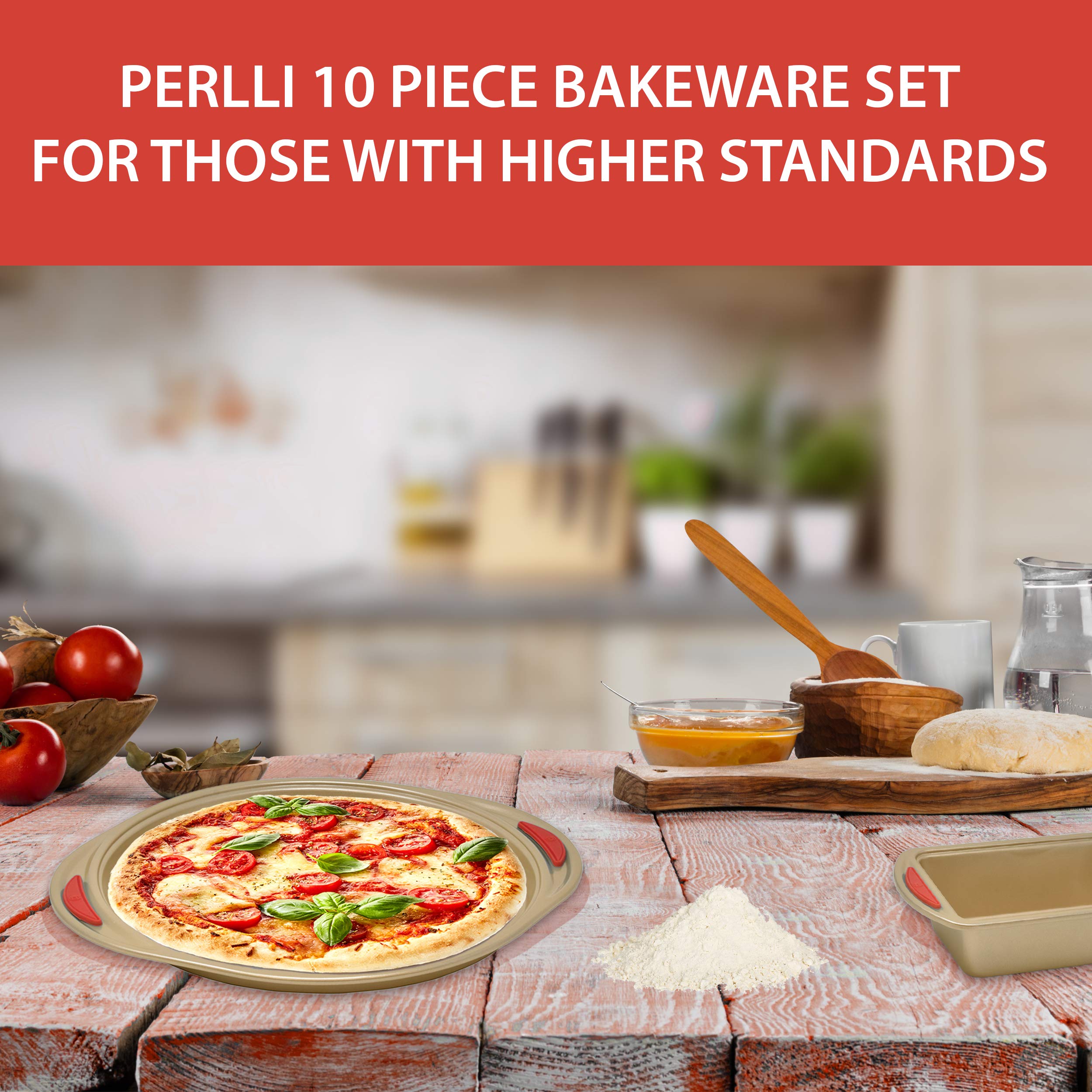 Baking Pan 10 Piece Set Nonstick Gold Steel Oven Bakeware Kitchen Set with Silicone Handles, Cookie Sheets, Round Cake Pans, 9x13 Pan with Lid, Loaf Pan, Deep Pan, Pizza Crisper, Muffin Pan by PERLLI