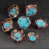 DND Dice Set, Liquid Core Handmade Sharp Edge 7 Piece Resin Dice-Dungeons and Dragons Polyhedral Dice Set, D&D Dice Set with Gift Dice Case for RPG MTG Table Games (Blue Sand & Red)