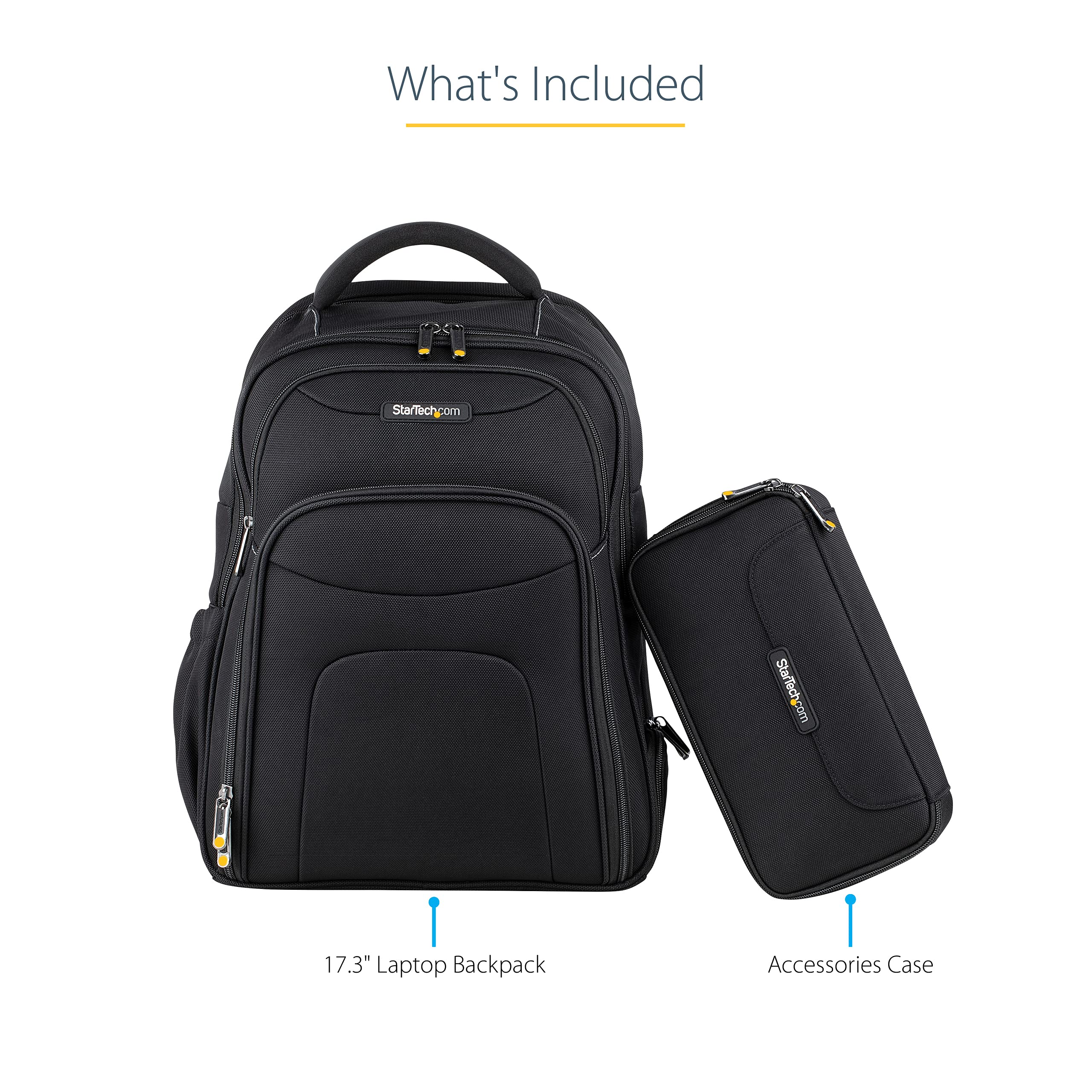 StarTech.com Unisex Backpack Ergonomic Computer Bag with Removable Accessory Case-Laptop/Tablet Pockets-Nylon, Black, 17.3