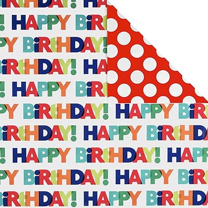 Hallmark Reversible Birthday Wrapping Paper (Pack of 3, 120 sq. ft. ttl.) Bright Balloons, Happy Birthday, Polka Dots