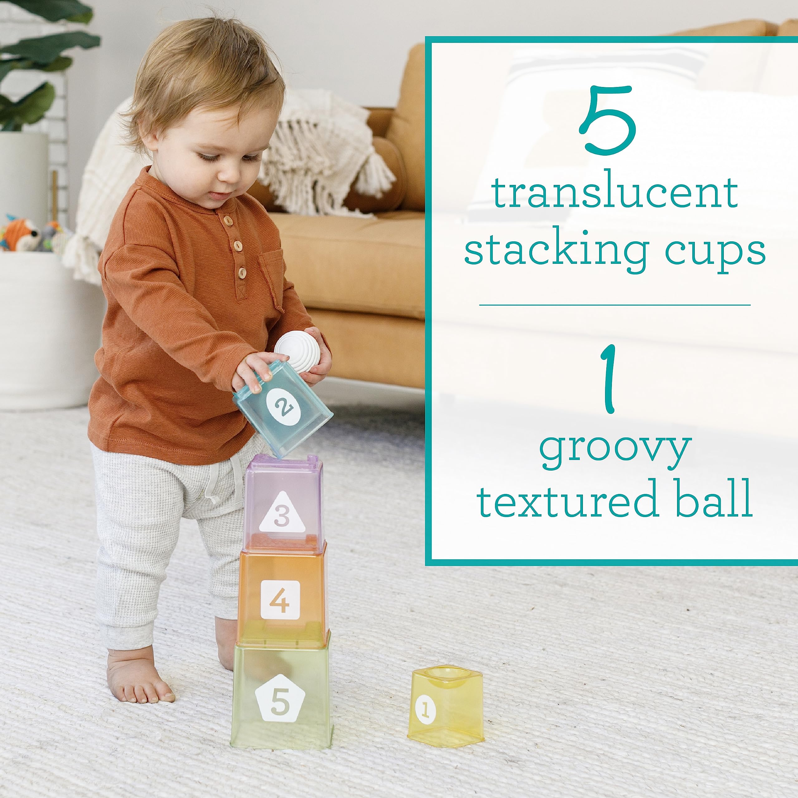 Infantino Cups & Ball Learning Set, Multicolor 6 Piece Set - Includes 1 Ball, 5 Stack & Build Cups, Ages 6 Months+