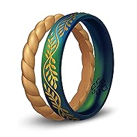Knot Theory 2-Pack Set of Filigree, Floral, or Laurel Leaf Silicone Ring, with Gold Thin Stackable Ring - Gold Inlay Engraved Silicone Wedding Band, for Sports Activities, Breathable Comfort Fit