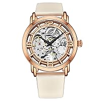 Stuhrling Original Watches for Women Automatic Watch - Skeleton Watches for Women - Self Winding Womens Dress Watch with Rose Gold Face and White Leather Watch Band Mechanical Wrist Watch for Woman