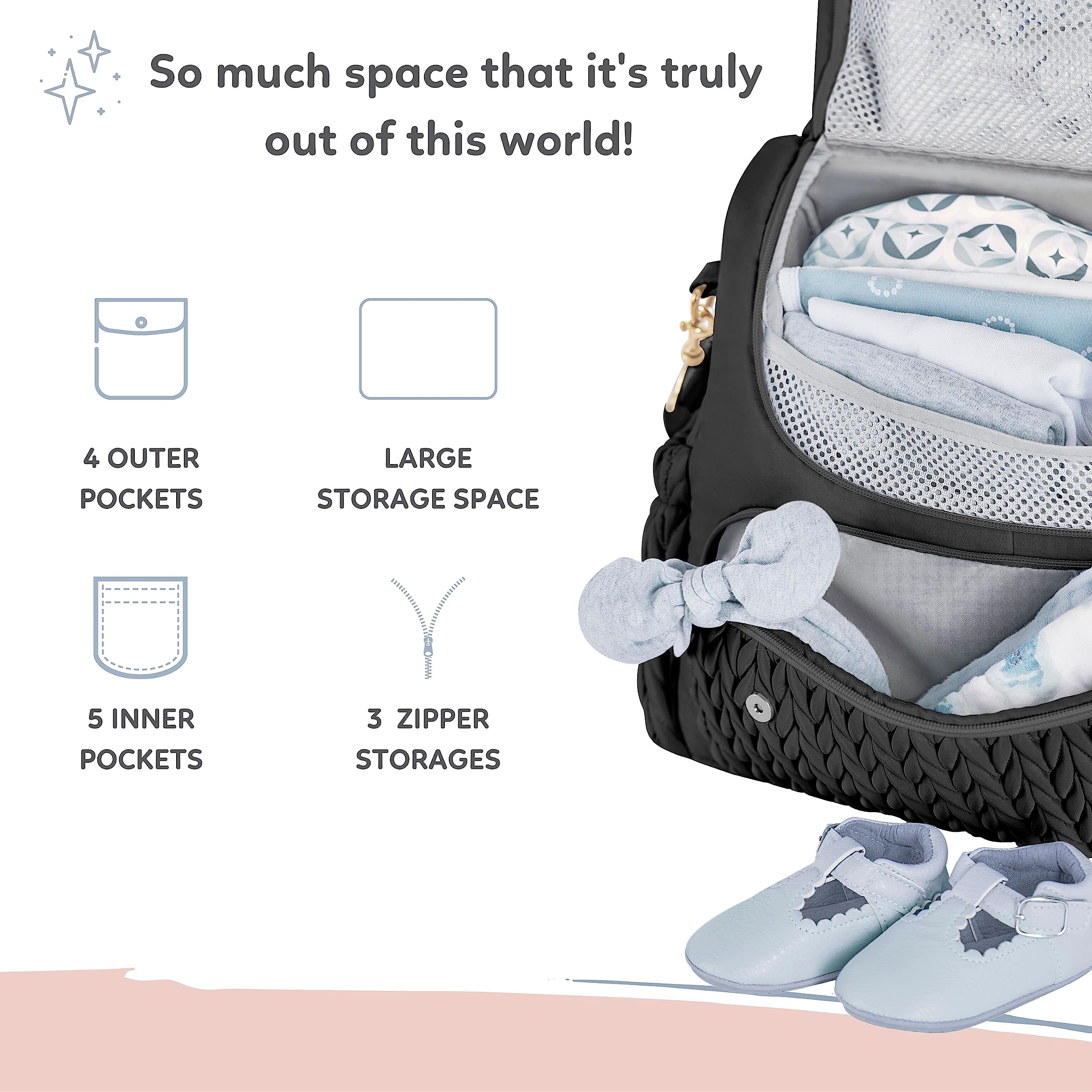 Hannah & Sophia Belle Convertible Baby Diaper Backpack & Messenger Bag in Black, Large Storage Space, Dual Sided Water Resistant Changing Pad Included, Detachable Shoulder Straps, Easy to Clean