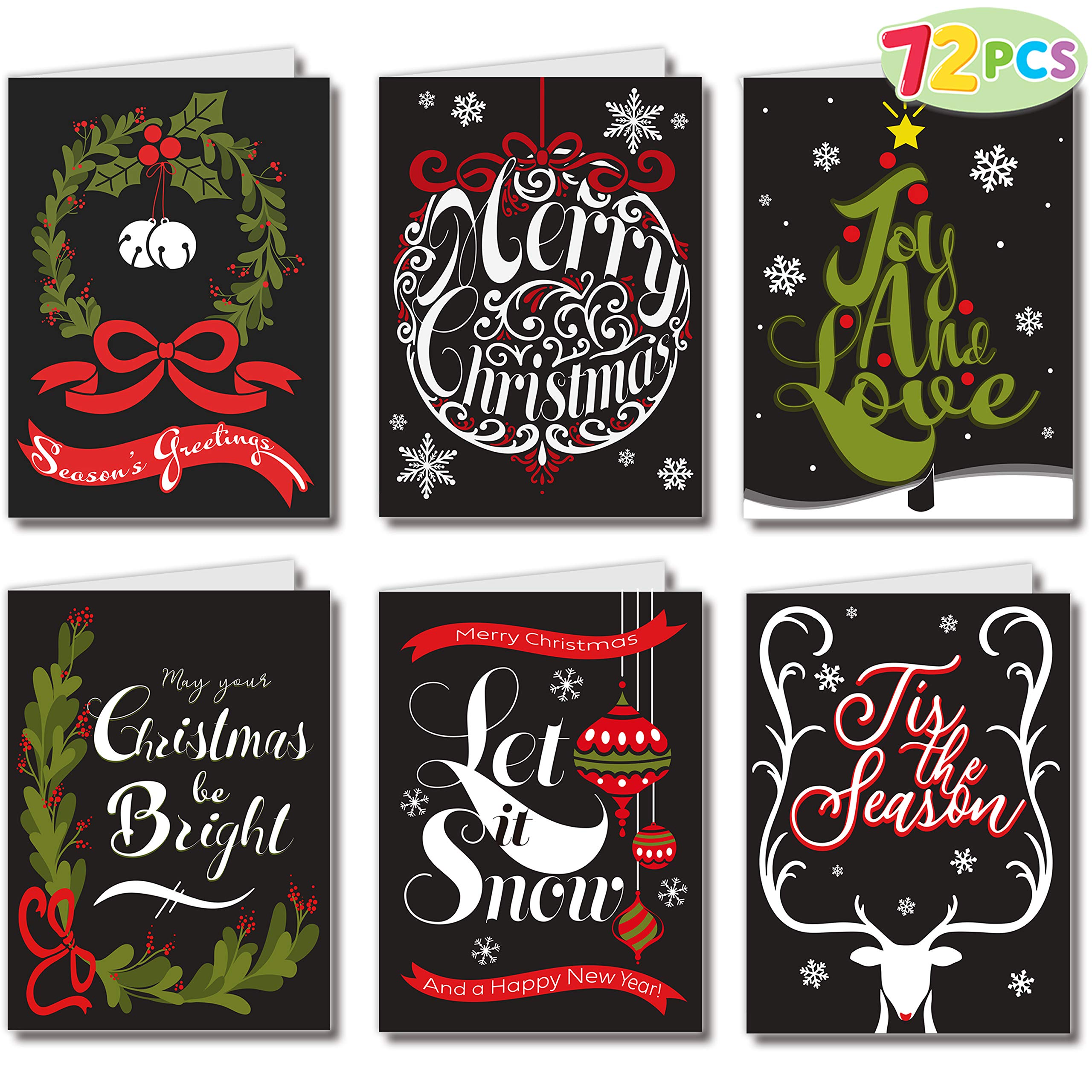 JOYIN 72 Piece Holiday Christmas Greeting Cards with 6 Artistic Greeting Designs & Envelopes 6.25” x 4.6