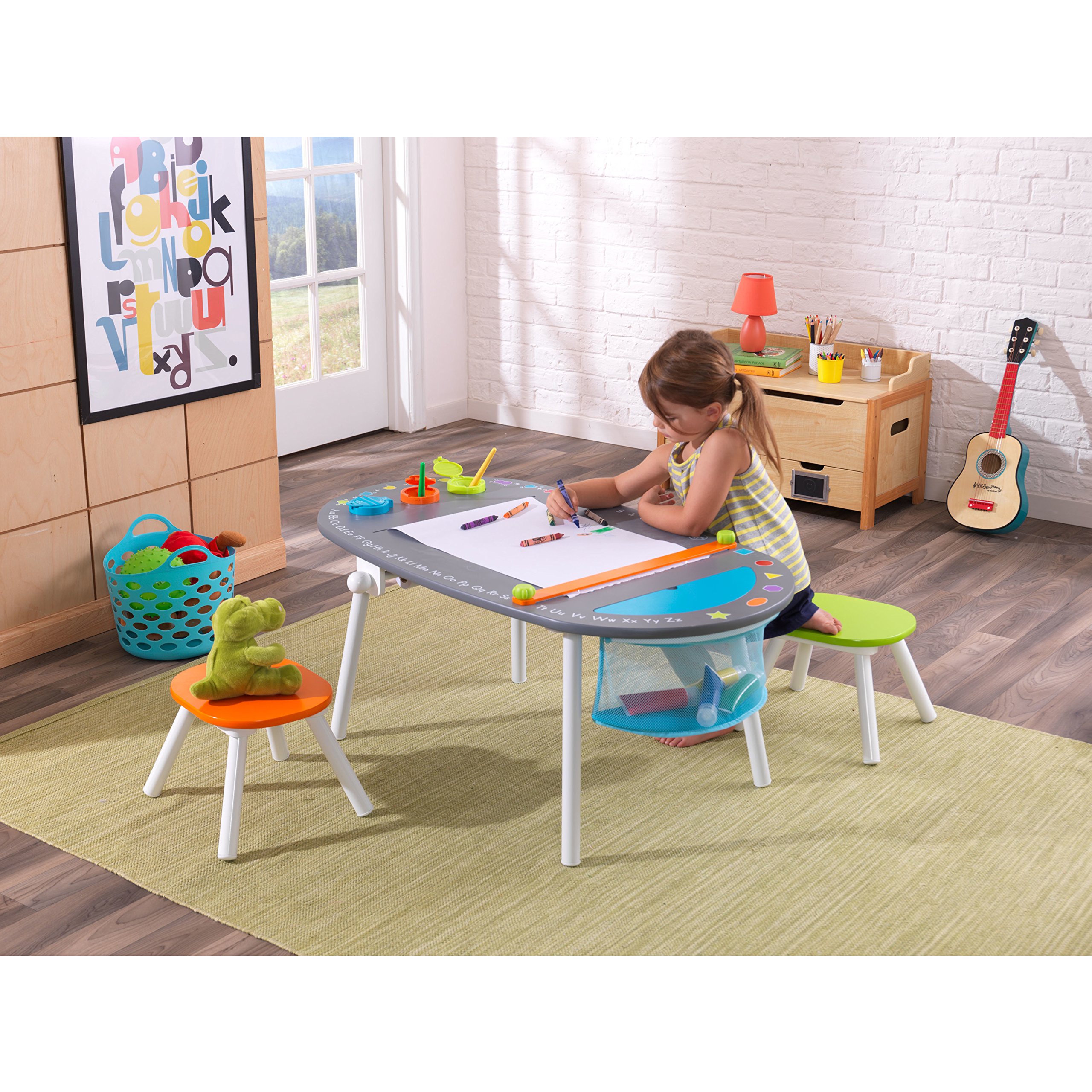 KidKraft Wooden Chalkboard Art Table with 2 Stools, and Paint Cups, Children's Furniture, Brightly Colored, Gift for Ages 3-8