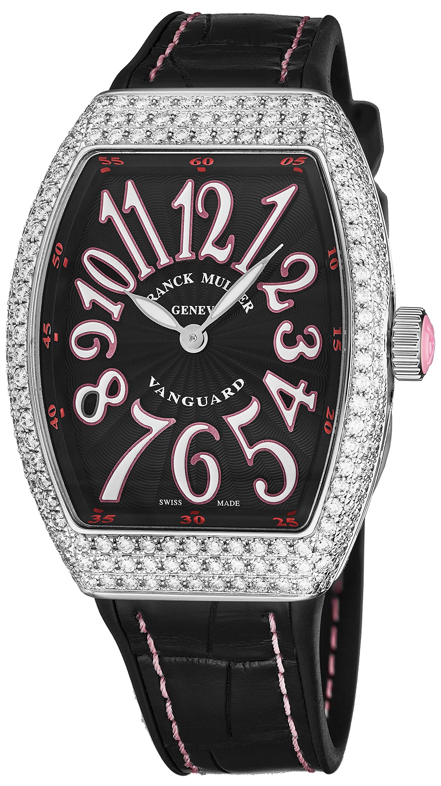 Franck Muller Vanguard Diamond Womens Swiss Quartz Watch - Tonneau Black Face with Luminous Hands and Sapphire Crystal - Black Leather/Rubber Strap Ladies Watch V 32 SC at FO D