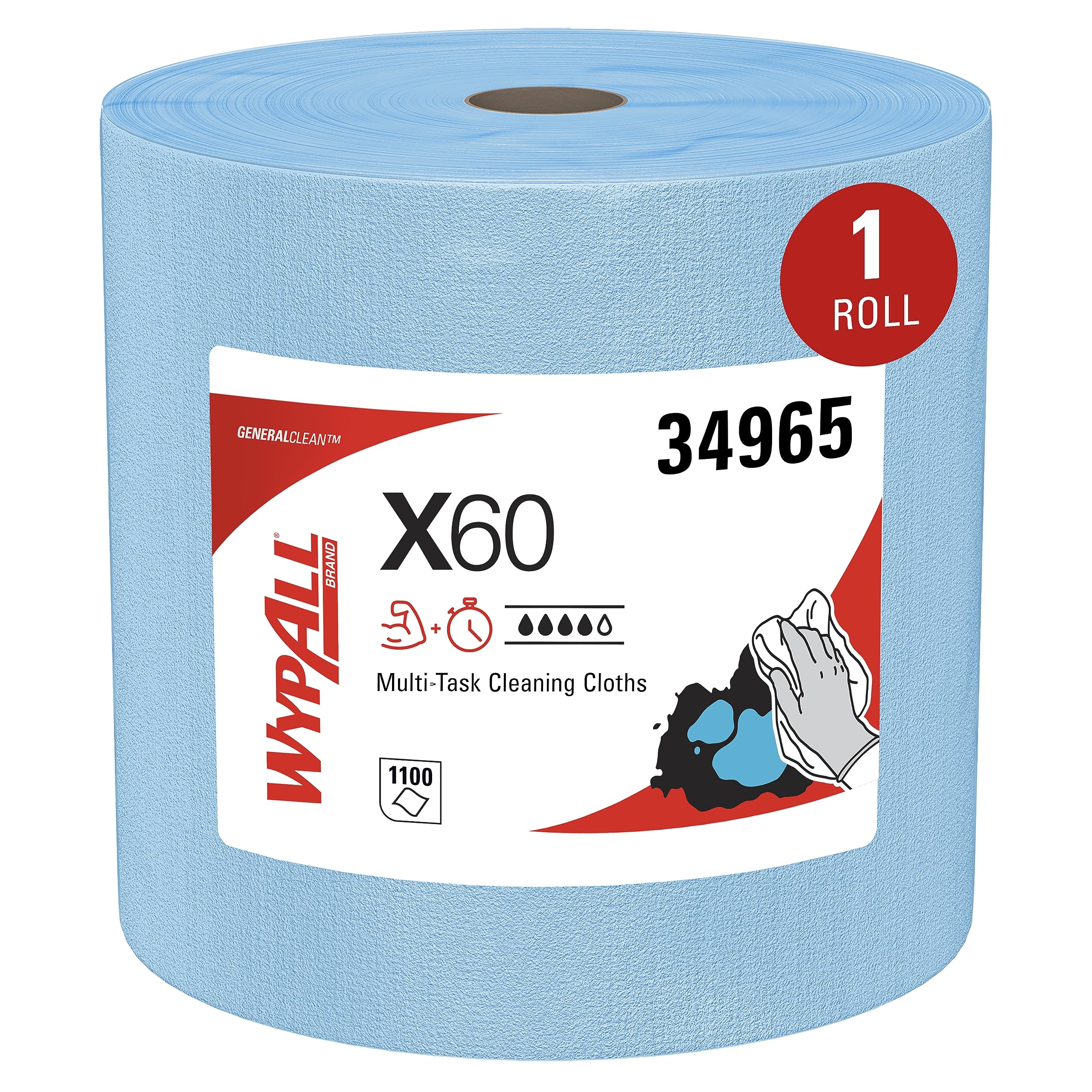 WypAll General Clean X60 Multi-Task Cleaning Cloths (34965), Jumbo Roll, Blue, 1,100 Sheets / Roll, 1 Roll / Case