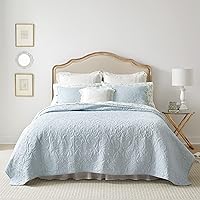 Laura Ashley Felicity Collection Quilt Set-100% Cotton, Reversible, All Season Bedding with Matching Sham(s), Pre-Washed for Added Softness, Queen, Breeze Blue