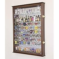 XL Shot Glass Display Case Rack Holder Cabinet w/Mirror Backed and 11 Glass Shelves -Walnut