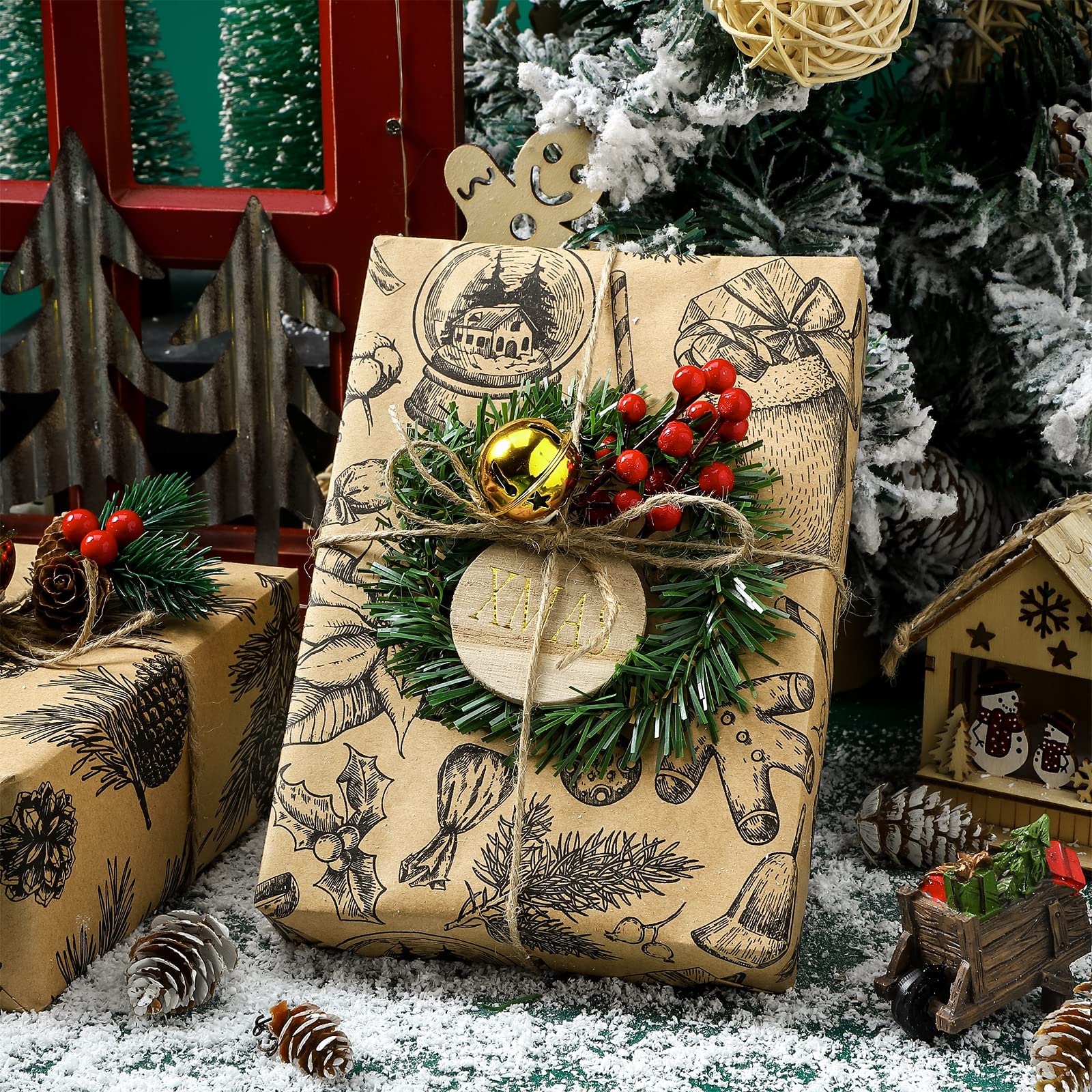 MAYPLUSS Kraft Christmas Wrapping Paper Roll - Mini Roll - 17 inch X 120 inch Per roll - 3 Different Rustic Design (42.3 sq.ft.ttl)