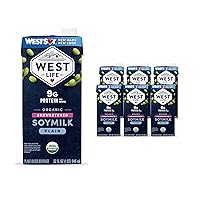 West Life Organic Soy Milk, Unsweetened Plain, Low Sugar, 9g of Protein, Vegan Dairy Alternative, Lactose-Free, Shelf Stable, 32oz (Pack of 6)