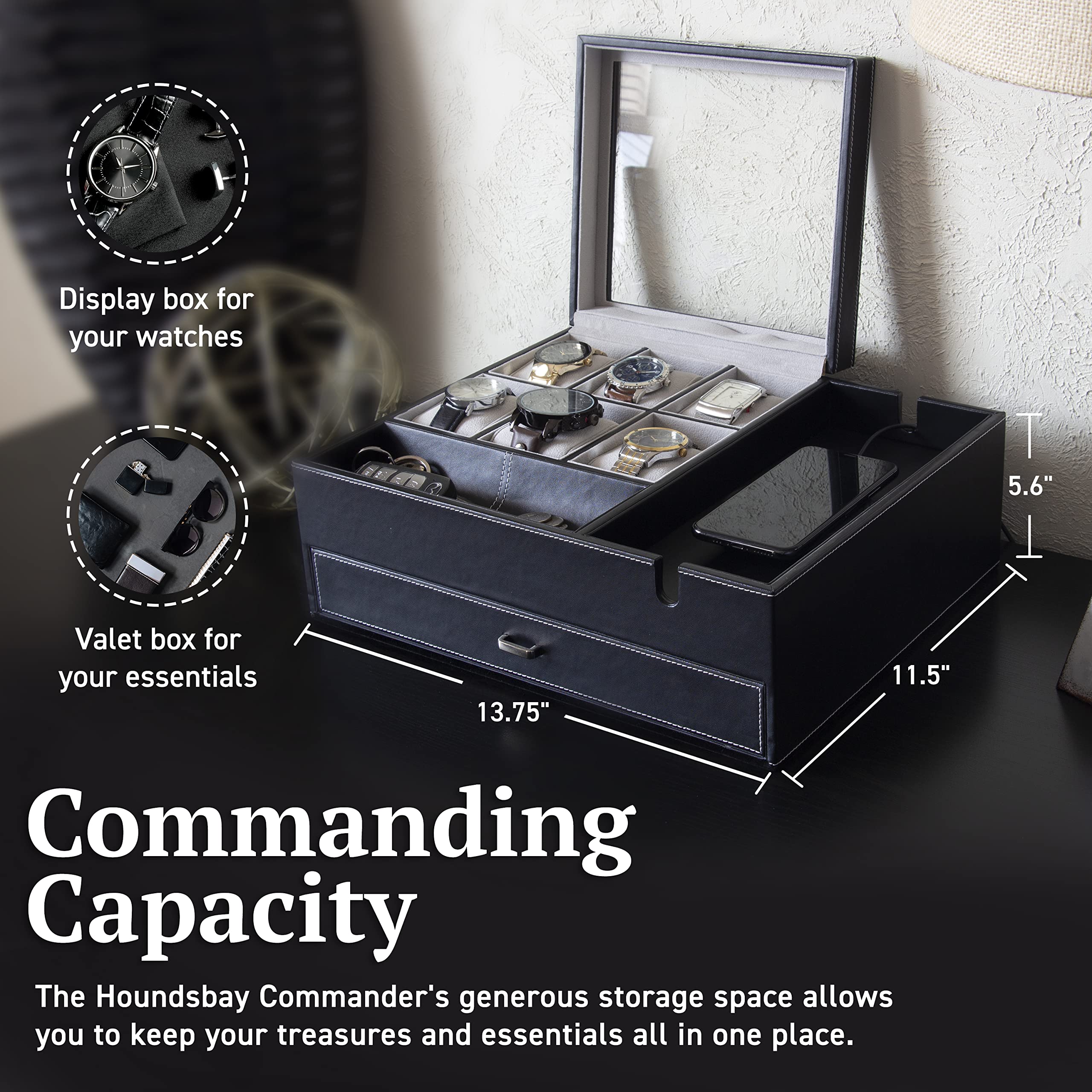 HOUNDSBAY Commander Dresser Valet Watch Box Case & Mens Jewelry Box Organizer with Smartphone Charging Station and Cufflink Box (Black/Ivory)