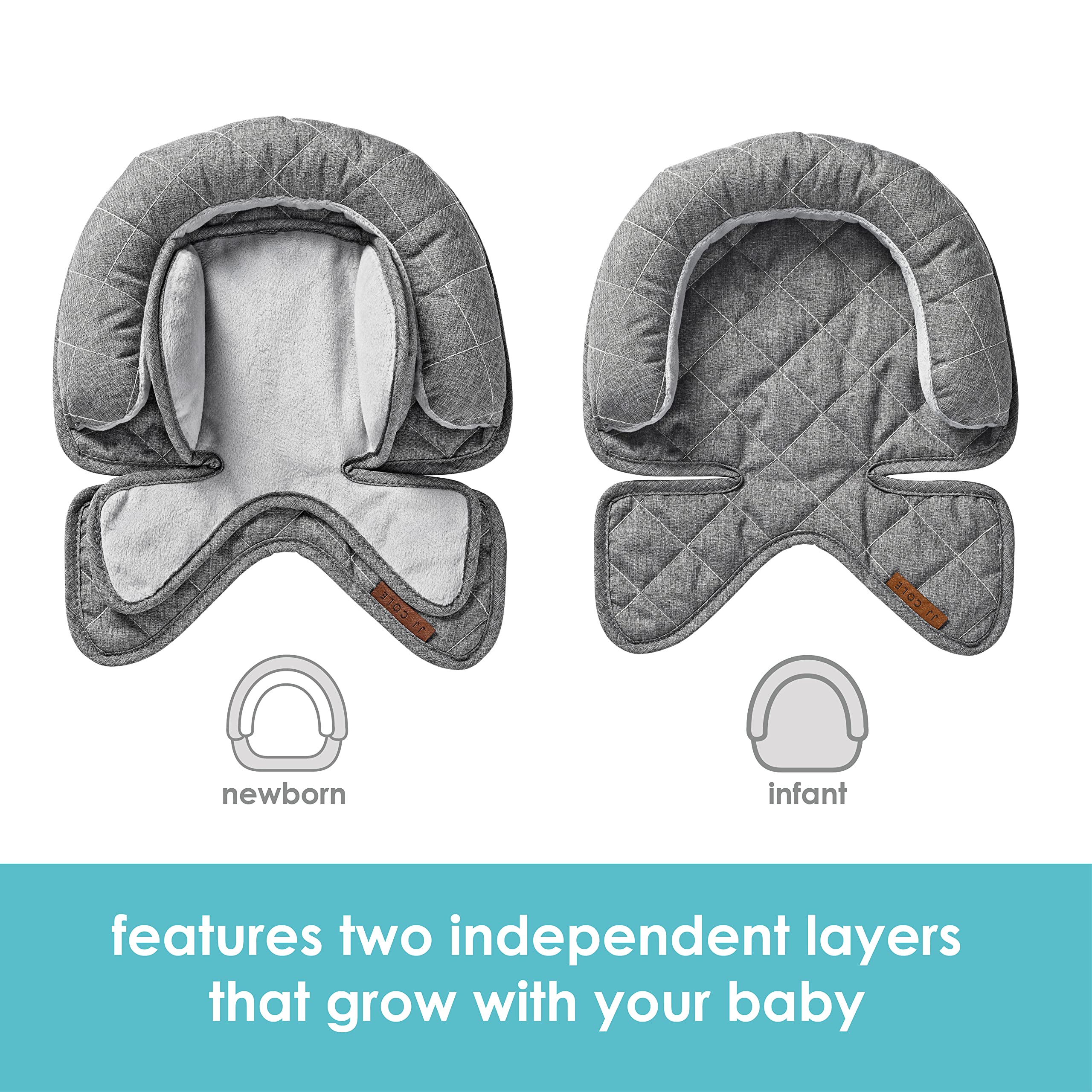 JJ Cole - Head Support, Newborn Head and Neck Support for Car Seat and Stroller, Designed to Adjust with Age, Grey Herringbone, Birth and Up, Heather Grey