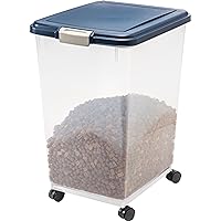 IRIS USA 54 Lbs / 69 Qt WeatherPro Airtight Pet Food Storage Container with Attachable Casters, For Dog Cat Bird and Other Pet Food Storage Bin, Keep Fresh, Translucent Body, Easy Mobility, Navy