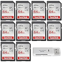 SanDisk 64GB (10 Pack) Ultra SDXC UHS-I Class 10 Memory Card 140MB/s U1, Full HD, SD Camera Card SDSDUNB-064G (10 Pack) Bundle with (1) GoRAM USB 3.0 Card Reader (64GB)