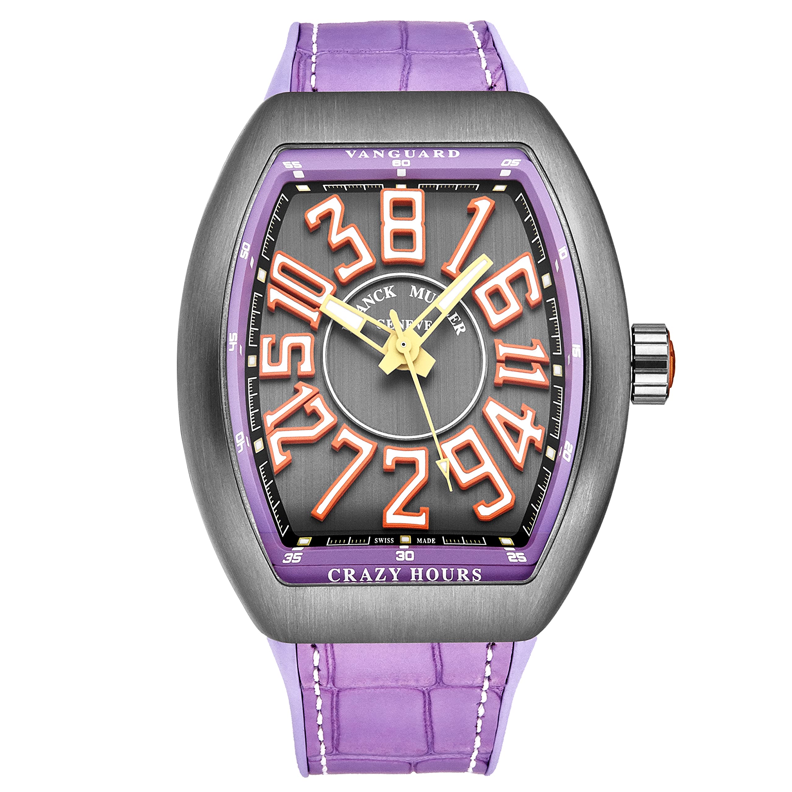 Franck Muller Men's 'Vanguard Crazy Hours' Grey Dial Purple Rubber with Leather Insert Strap Automatic Watch 45CHTTBRORPRL