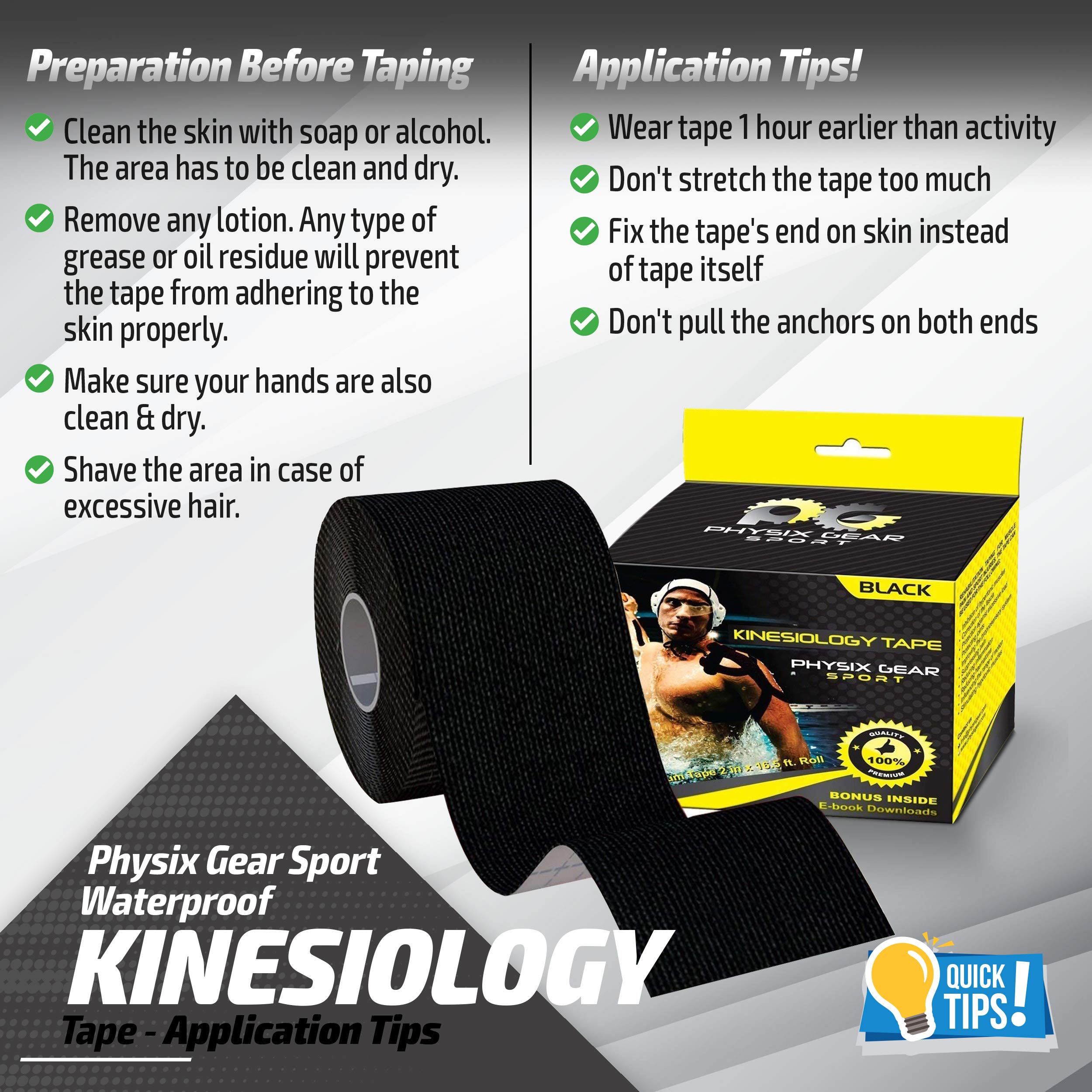 Physix Gear Kinesiology Tape Pro - Waterproof Physio Sports Tape for Pain & Injuries, Pregnancy, Muscle, Knee, Joint Support, Swelling, Strain Relief, Enhanced Blood Circulation (with E-Guide)