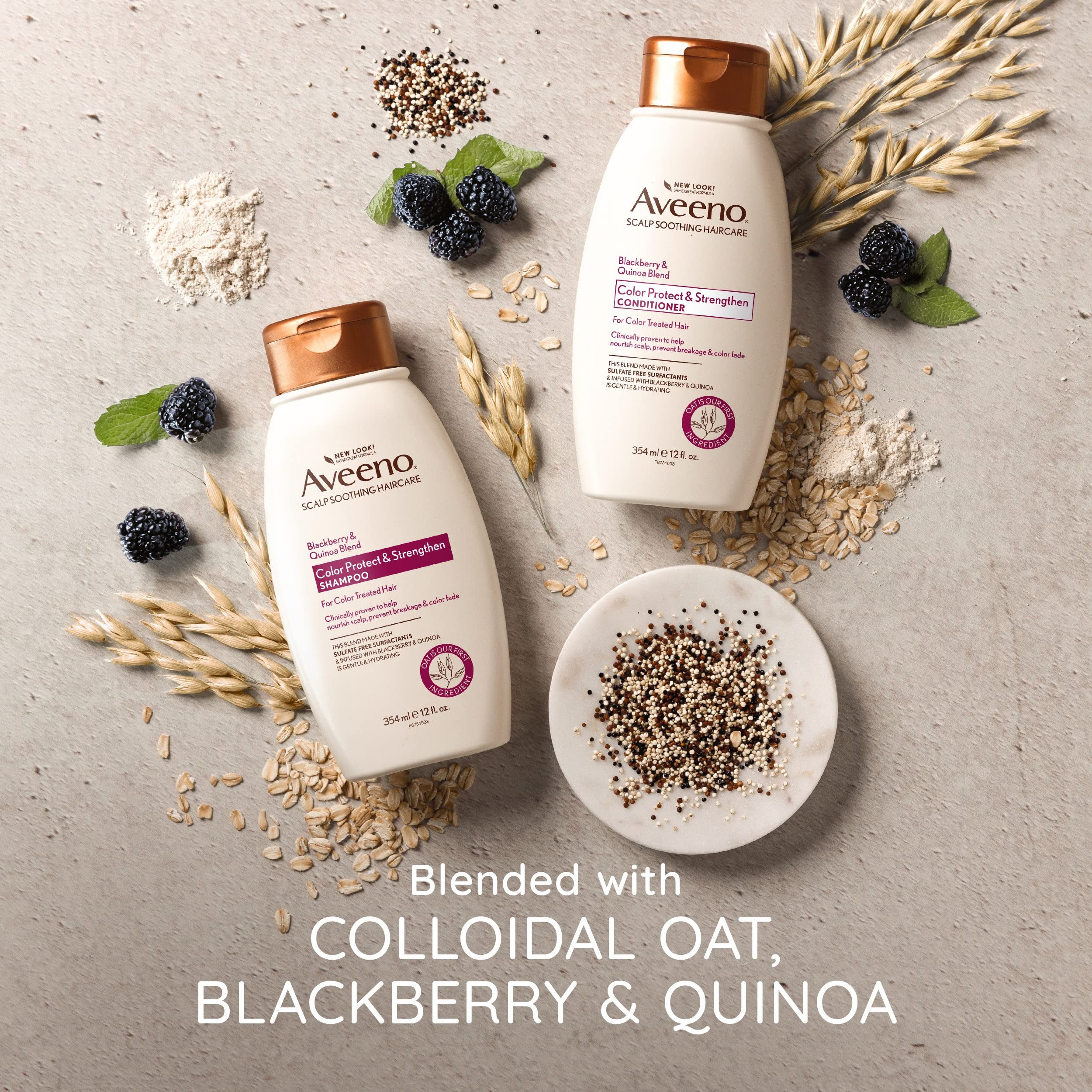 Aveeno Blackberry Quinoa Protein Blend Sulfate-Free Shampoo for Color-Treated Hair Protection, Daily Strengthening & Moisturizing Shampoo, Paraben & Dye-Free, 12 Fl Oz