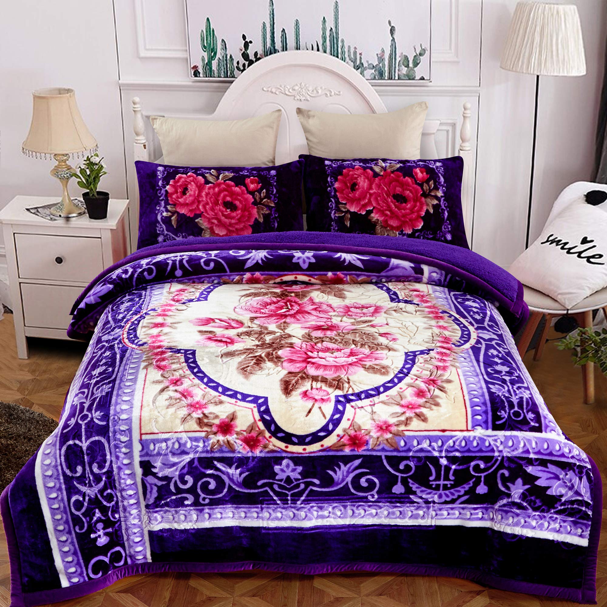 JML Sherpa Flannel Blanket, 3-Piece Fleece Blanket with Pillow Shams- Soft, Warm, Korean Style Printed Embossed Bed Blanket, Purple