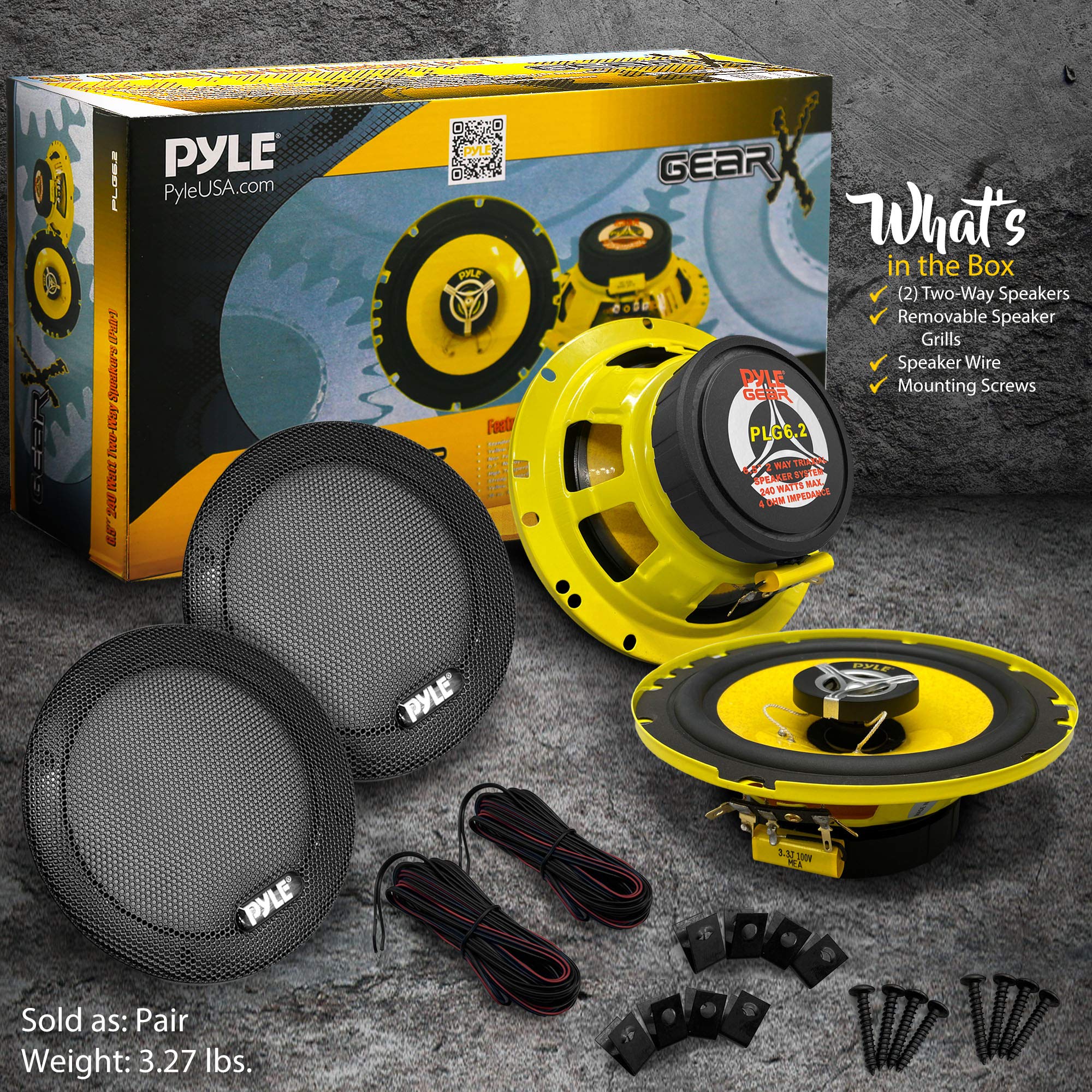 Pyle Car Two Way Speaker System - Pro 6.5 Inch 240 Watt 4 Ohm Mid Tweeter-Audio Sound Speakers For Car Stereo w/ 30 Oz Magnet Structure, 2.25” Mount Depth Fits Standard OEM -PLG6.2 (Pair) Yellow