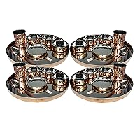 Pack Of 4 Set Stainless Steel Copper Traditional Dinnerware Set Of Thali Plate, Bowls, Glass And Spoon, Diameter (4, 13-Inch)