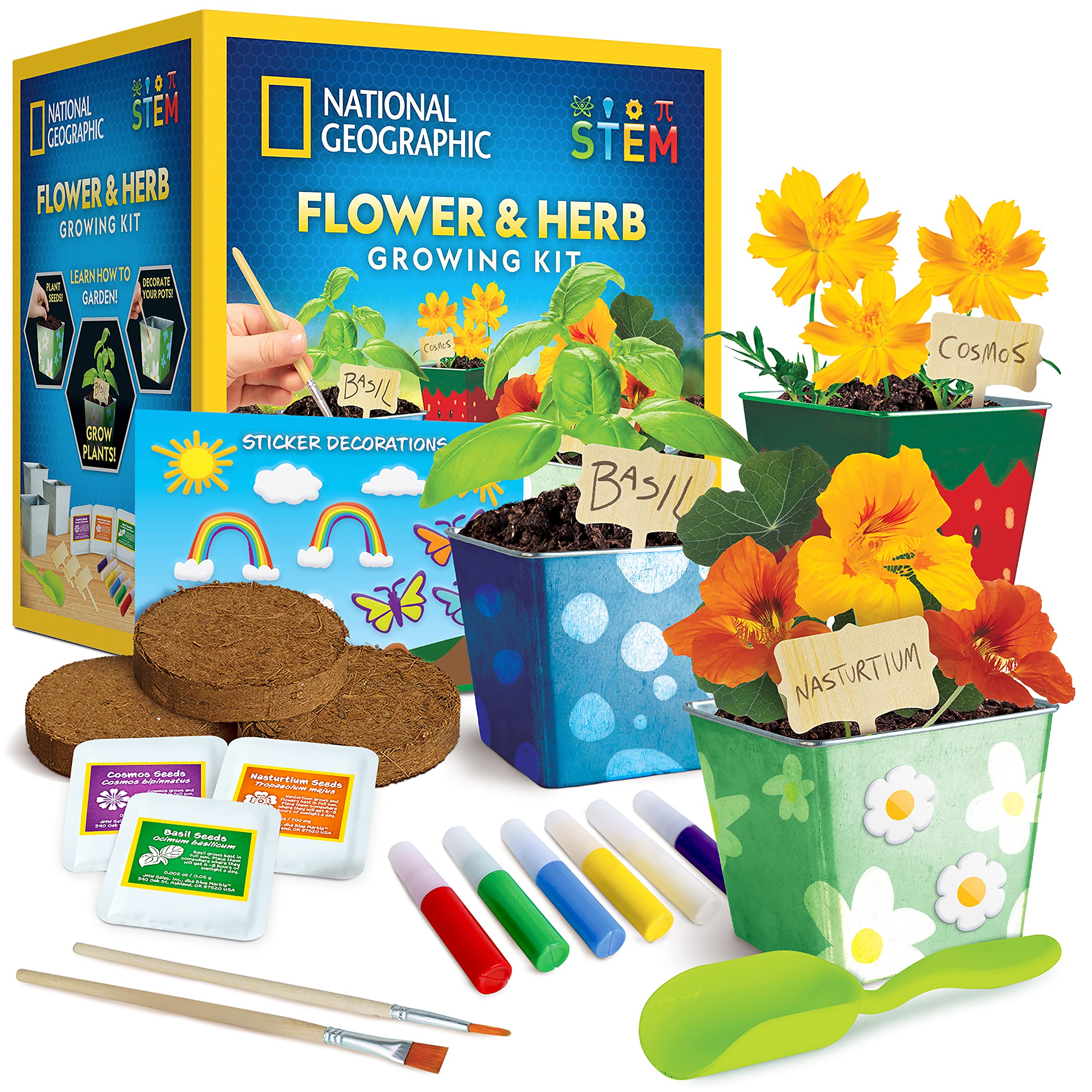 NATIONAL GEOGRAPHIC Flower & Herb Gardening Kit for Kids - Kids Gardening Set with 3 Stainless Steel Pots, Paint & Stickers, Outdoor Toys, Craft Kits, Kids Plant Growing Kit (Amazon Exclusive)
