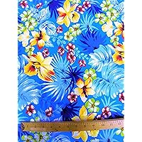 Aqua Hawaiian Floral Print Poly Cotton Fabric - Sold By The Yard - 58