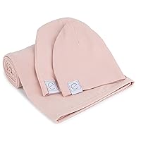 Ely's & Co. Cotton Knit Jersey Swaddle Blanket and 2 Beanie Baby Hats Gift Set, Large Receiving Blanket (Blush Pink)