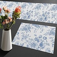 Chinoiserie Table Runner and Placemats Set of 6 Blue and White Floral Porcelain Flowers Linen Burlap Place Mats Cloth Dining Mat Sets Table Mats Sets with Table Runners Washable 70 Inches Long