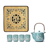 Japanese Tea Set Teal with White Plum-Flower Ceramic Tetsubin Teapot & 4 Teacups with Bamboo GongFu Tea Tray Square Chinese Gongfu Tea Table Tray