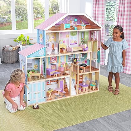 KidKraft Grand View Mansion Wooden Dollhouse with EZ Kraft Assembly™, Elevator, Garage, Attic Nursery and 34 Accessories, Gift for Ages 3+