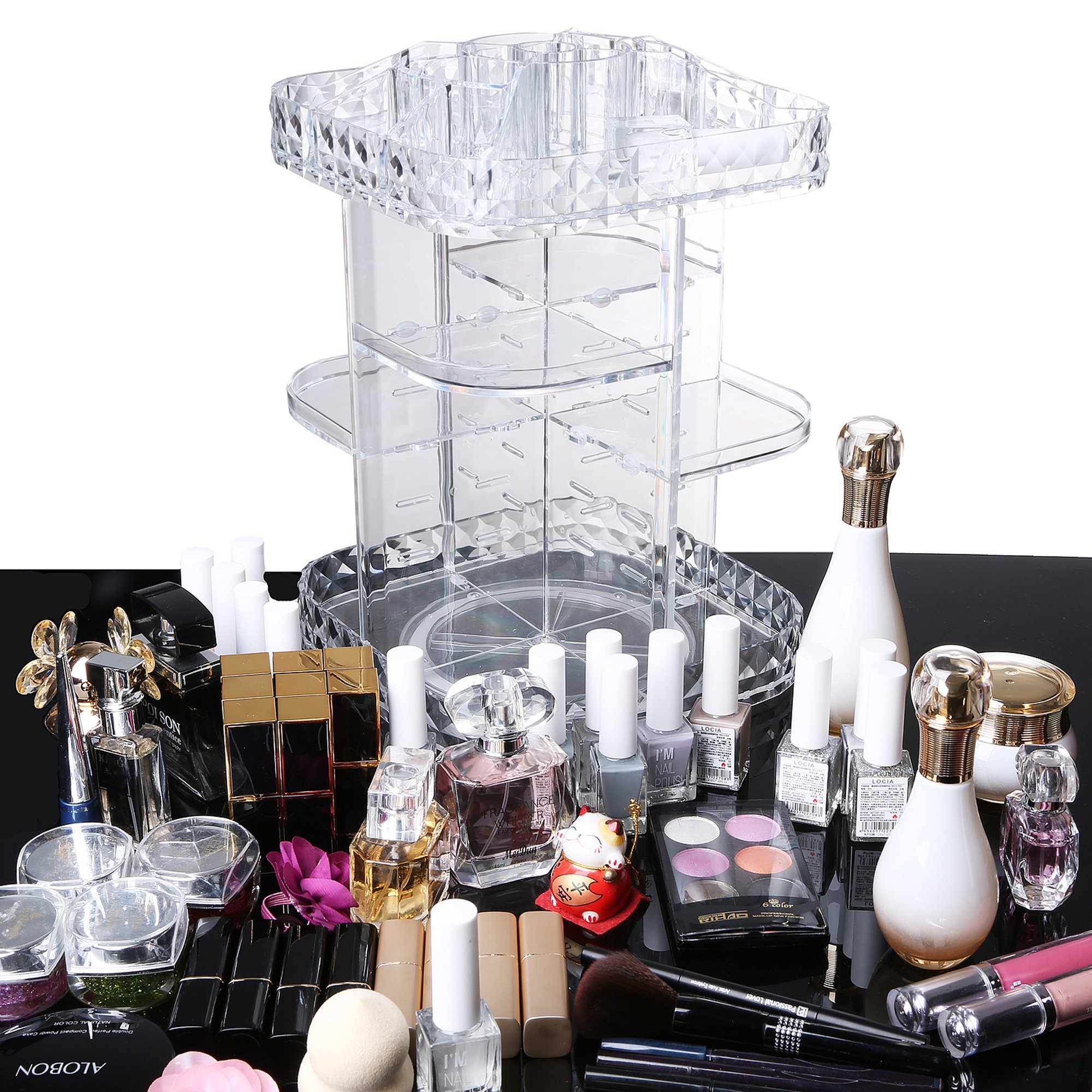Makeup Organizer 360-Degree Rotating Cosmetic Storage Box, DIY Adjustable Large Capacity Cosmetics Display Case Square Makeup Shelf with Diamond Pattern