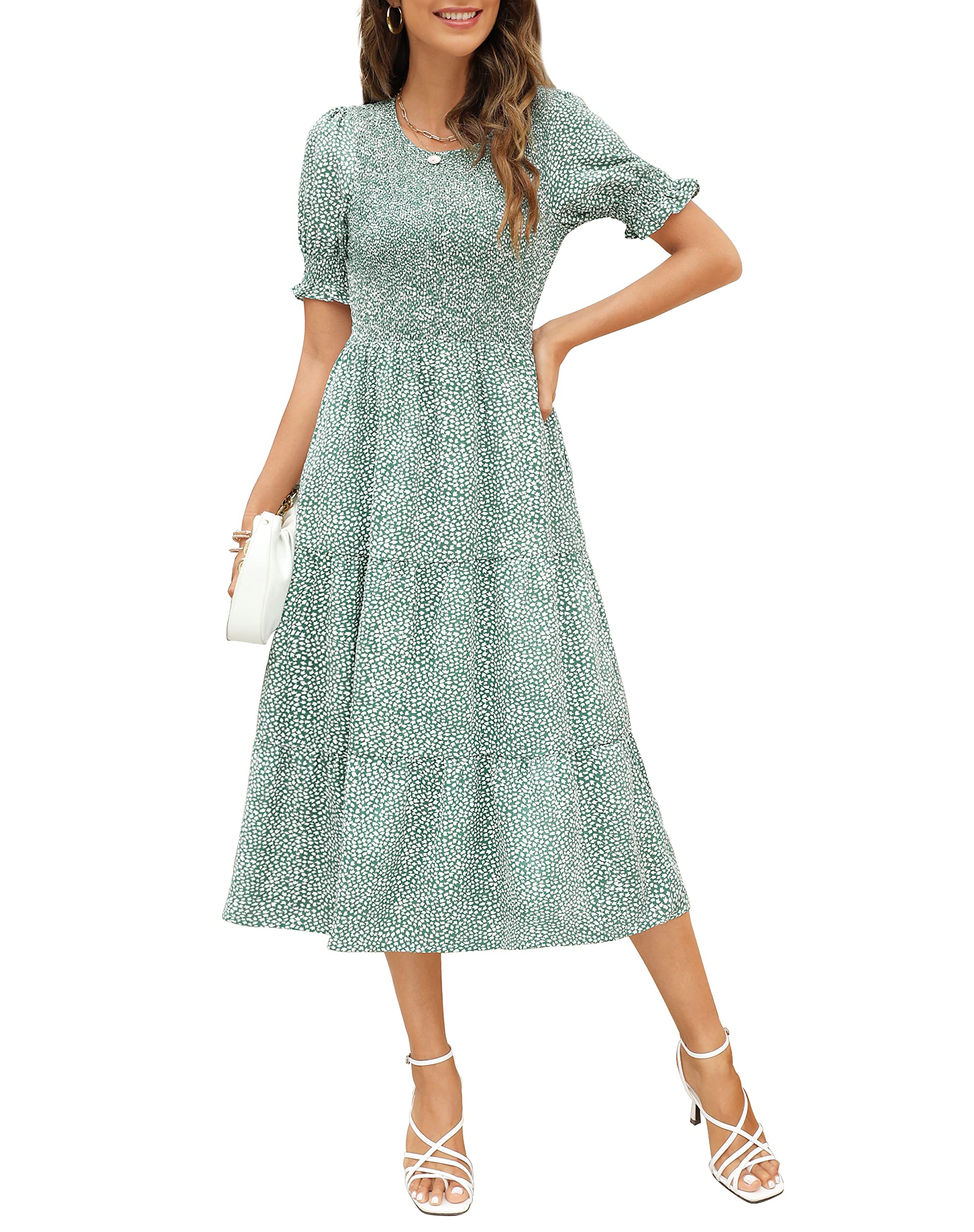 Maggeer Womens 2023 Short Puff Sleeve Smocked Bodice and Cuffs Floral Tiered Midi Dress with Pockets