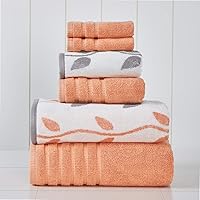 6-Piece Yarn Dyed Organic Vines Jacquard/Solid Ultra Soft 500GSM 100% Combed Cotton Towel Set [Coral]