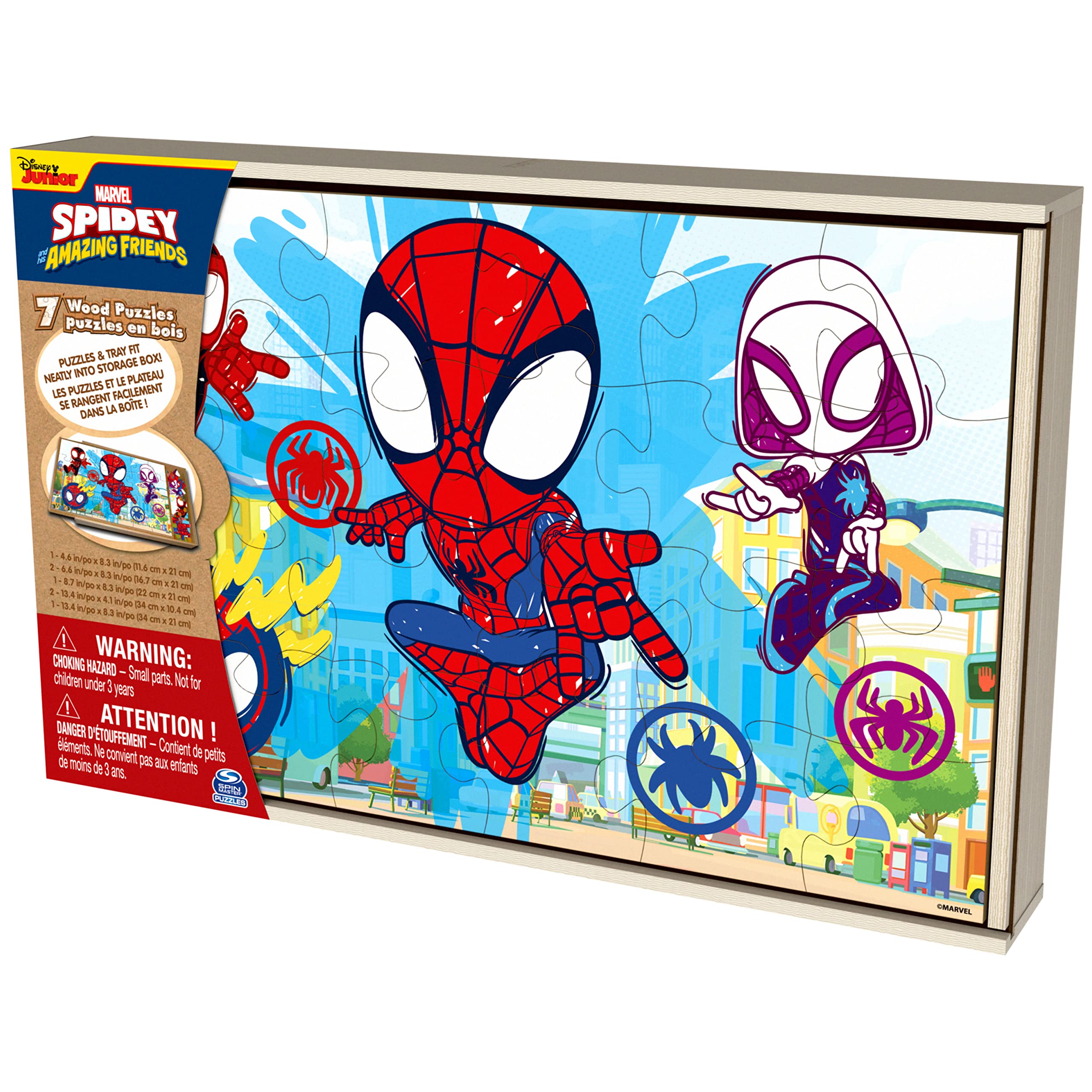 Marvel Spidey and his Amazing Friends 7 Wood Jigsaw Puzzles with Sliding Wood Storage Box- Spidey and his Amazing Friends Toys for Kids Ages 4+