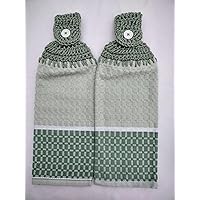 GREEN WAFFLE TERRY CLOTH TOWELS - 2 CROCHET TOP HANGING KITCHEN TOWELS (GREEN)