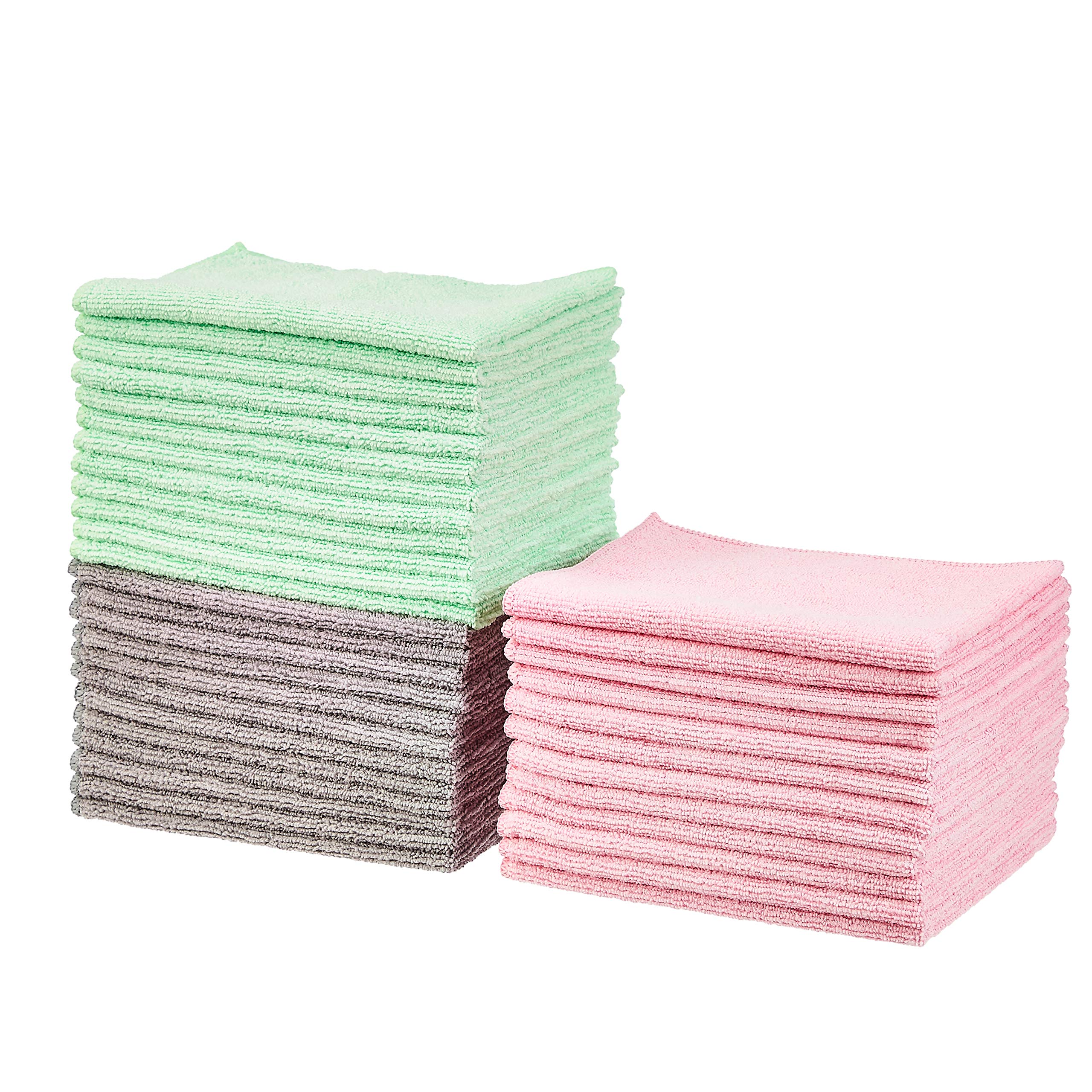 Amazon Basics Microfiber Cleaning Cloth, Non-Abrasive, Reusable and Washable, Pack of 36, Green/Gray/Pink, 16