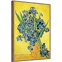 GENTLE DEER Framed Wall Art Canvas Prints of Vase with Irises Against a Yellow Background by Vincent Van Gogh Classic Oil Painting Style Reproduction Abstract Artwork Museum Quality for Home Decor