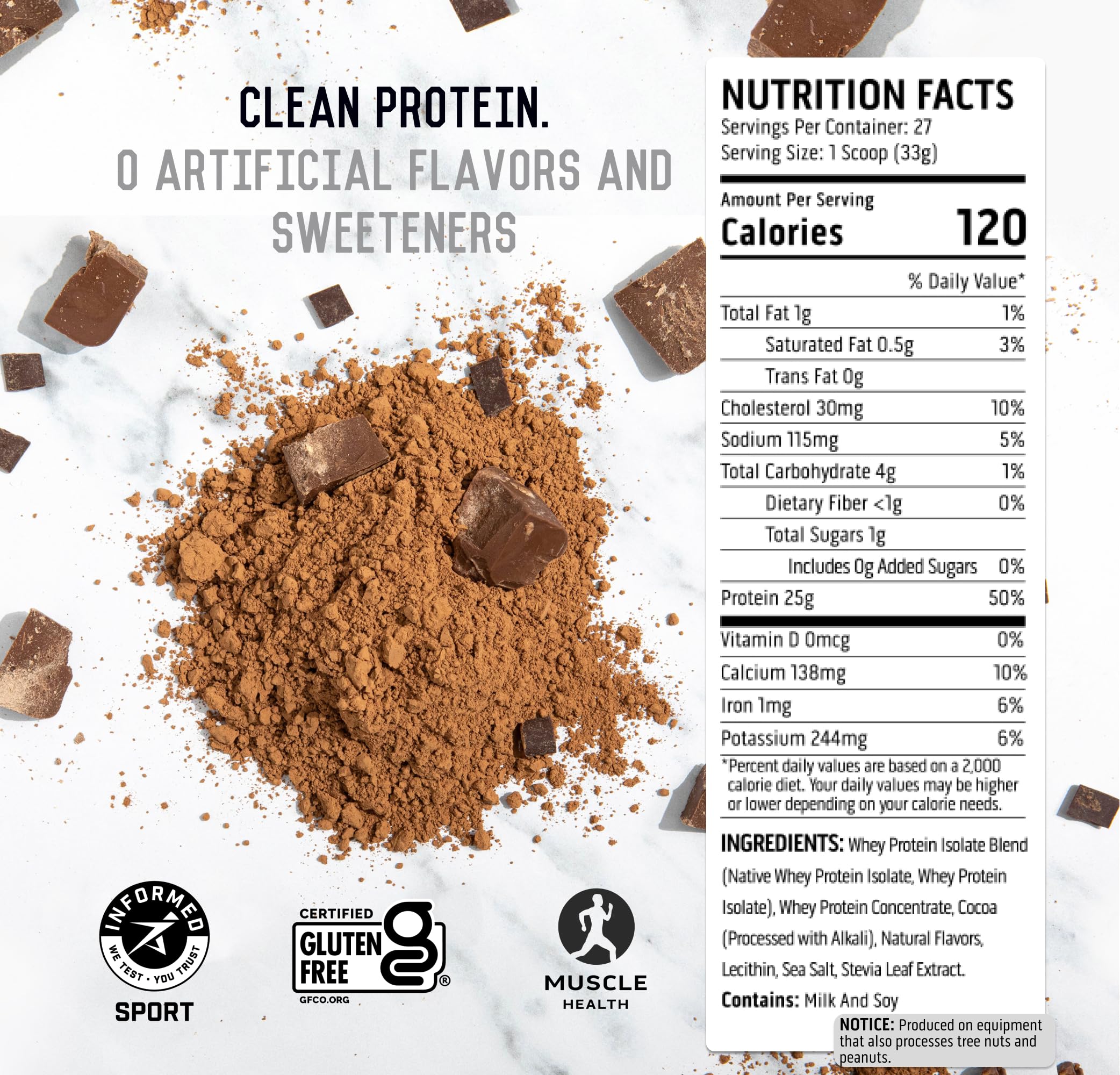 Ascent 100% Whey Protein Powder - Post Workout Whey Protein Isolate, Zero Artificial Flavors & Sweeteners, Gluten Free, 5.7g BCAA, 2.7g Leucine, Essential Amino Acids, Chocolate 2 lb