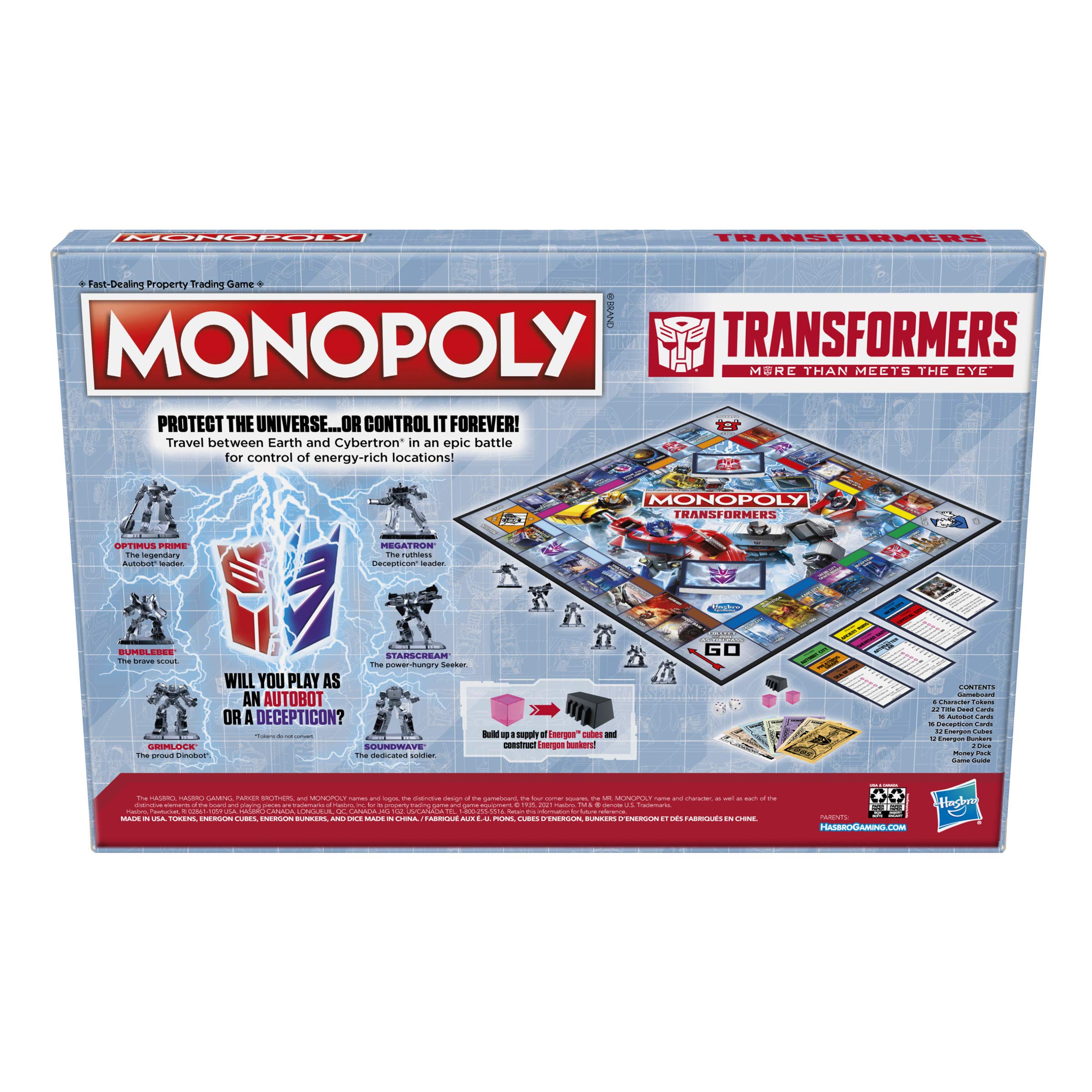 MONOPOLY: Transformers Edition Board Game for 2-6 Players Kids Ages 8 and Up, Includes Autobot and Decepticon Tokens