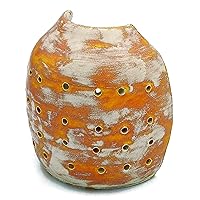 Vintage Look Candle Hoder, Orange Ceramic Tealight Burner, Unique Pottery with Holes for Farmhouse Home Decor