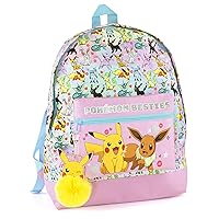 Pokemon Girls Pink Glitter School Backpack | Eevee Besties Design with Pikachu Pom Pom Keyring | Organized Storage