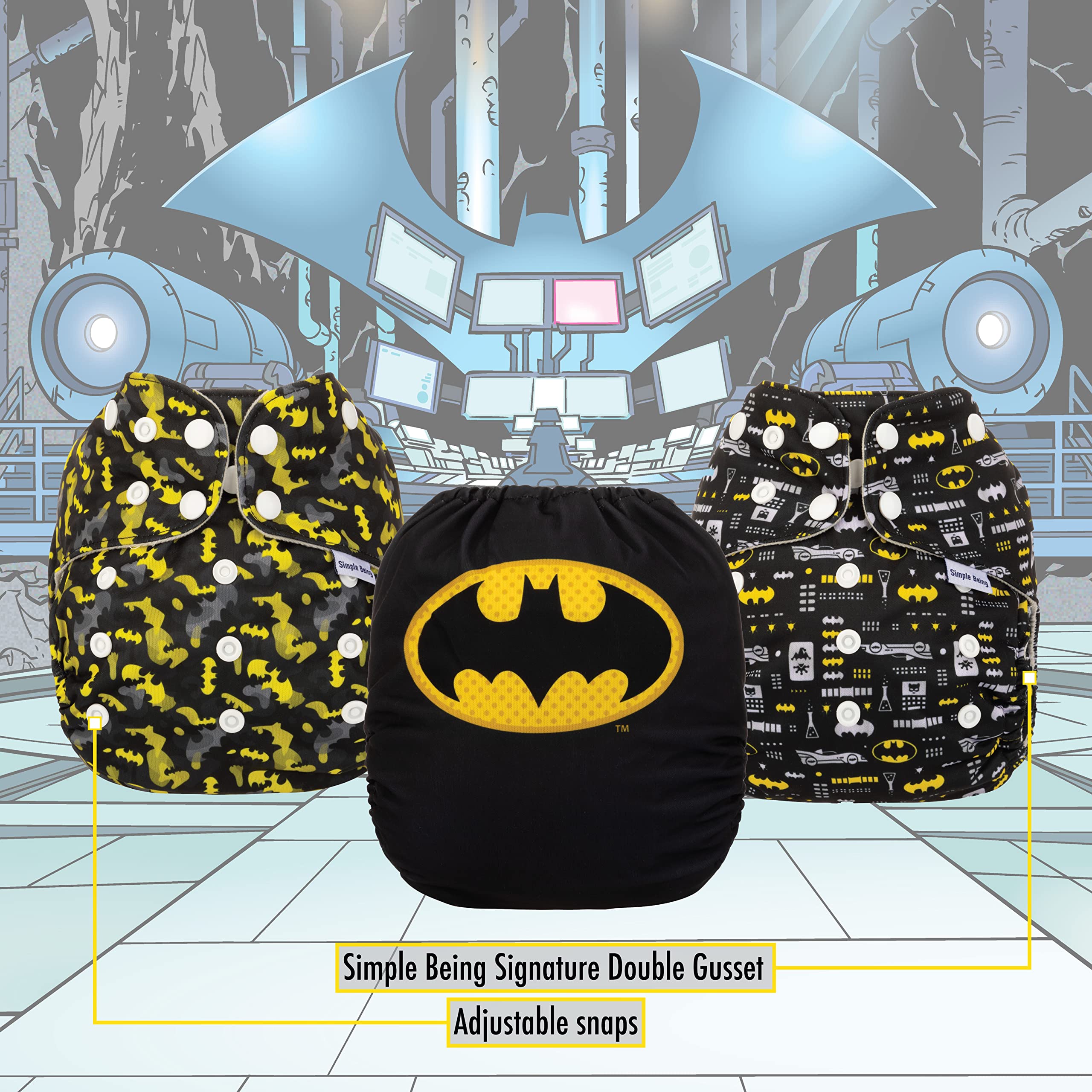 Simple Being Reusable Baby Cloth Diapers Adjustable Size, Double Gusset, Waterproof Cover, 3 Pack with 3 Inserts (DC Batman Classic)