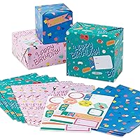 Hallmark Kids Birthday Wrapping Paper Sheets with Cutlines on Reverse (12 Folded Sheets with Sticker Seals) Pink, Blue, Green, Cats, Unicorns, Pizza, Video Games, Sports, Confetti